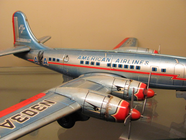 Vintage Antique Large Tin Toy Airplane American Airlines Dc 7 Linemar