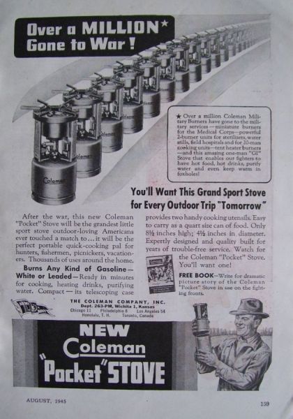 1945 AD   COLEMAN G.I. POCKET STOVE Over a Million COLEMAN BURNERS 