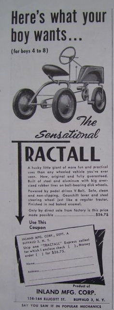 1947 TRACTALL Pedal TRACTOR AD Inland Mfg BUFFALO NY  