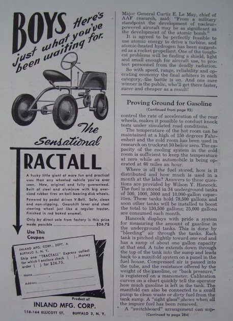 1947 Boys TRACTALL Pedal TRACTOR AD Inland BUFFALO NY  