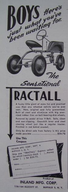 1947 Boys TRACTALL Pedal TRACTOR AD Inland BUFFALO NY  