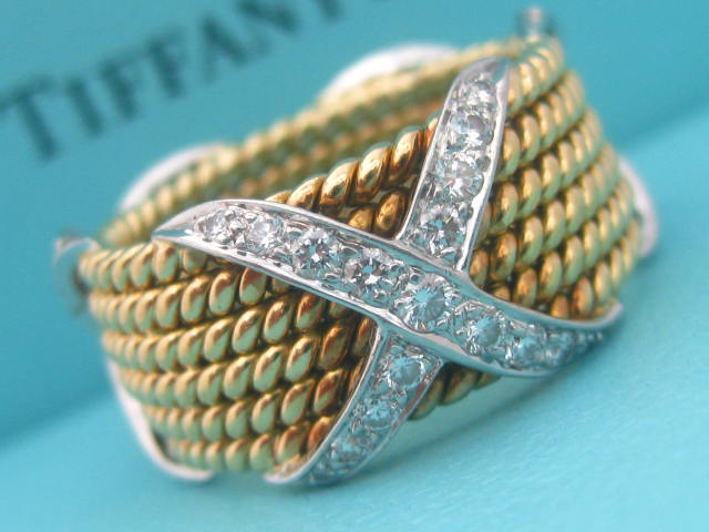 TIFFANY & CO. JEAN SCHLUMBERGER 6 ROW X ROPE DIAMOND 18K GOLD RING 