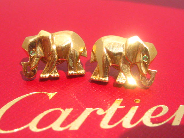 CARTIER 18K YELLOW GOLD ELEPHANT EARRINGS EMERALD  